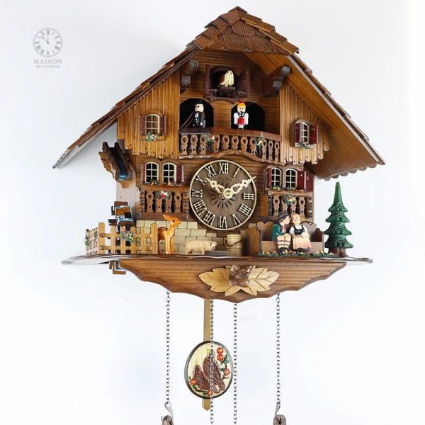 Horloge coucou en bois avec oiseaux animés
