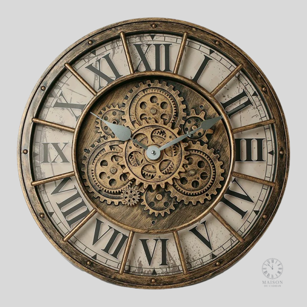 Horloge avec engrenages mobiles, style industriel élégant