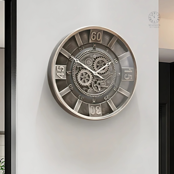 Horloge en bois avec mécanisme d'engrenages apparents