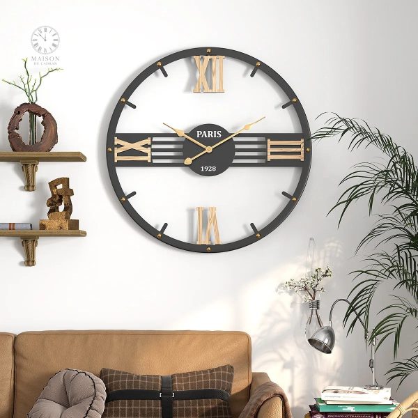 Horloge industrielle murale en métal noir