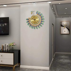 Horloge murale contemporaine, motif Paon coloré et stylisé