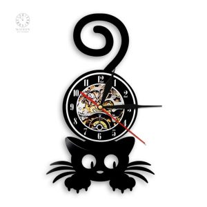 Horloge vinyle en forme de chat noir