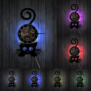Horloge vinyle noire avec motif de chat et éclairage LED