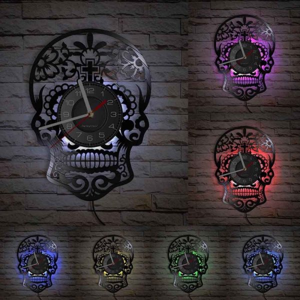horloge-vinyle-crane-led-1 Horloge vinyle LED avec motif de crane