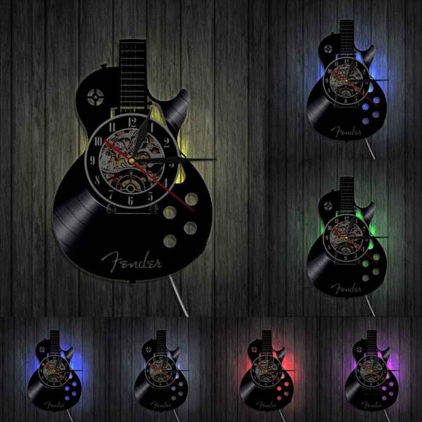 Horloge murale vinyle design guitare avec lumières LED